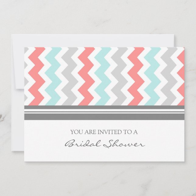 Aqua Coral Gray Chevron Bridal Shower Invitation (Front)