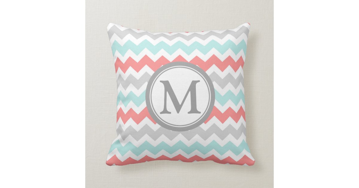 Aqua Coral Grey Chevron Monogram Decorative Pillow Zazzle Com