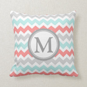 Aqua Coral Grey Chevron Monogram Decorative Pillow