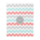 Aqua Coral Grey Chevron Pattern Monogram Blanket