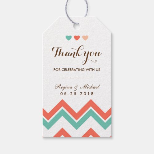 Aqua Coral Red Chevron Pattern Wedding Gift Tag