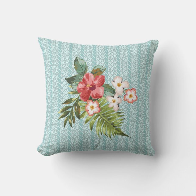 Aqua/Coral Tropical Floral Ocean Wave Pattern Throw Pillow (Front)