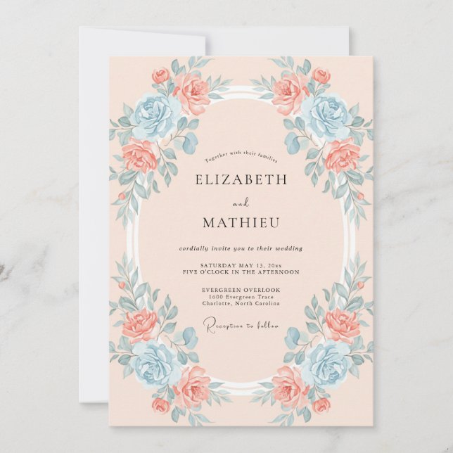 Aqua Coral Wreath Wedding Invitation (Front)