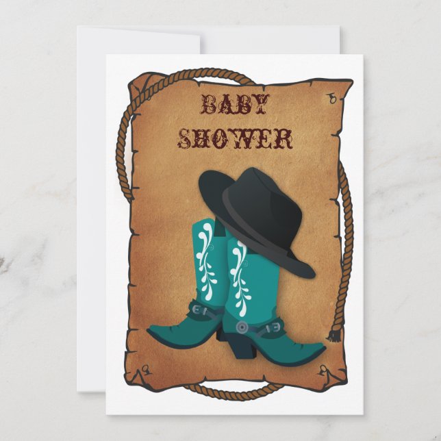 aqua cowboy boots western mommy baby shower invitation (Front)