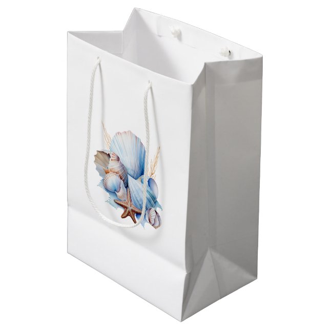 Aqua Cream Beach Shells Bridal Shower Medium Gift Bag (Front Angled)