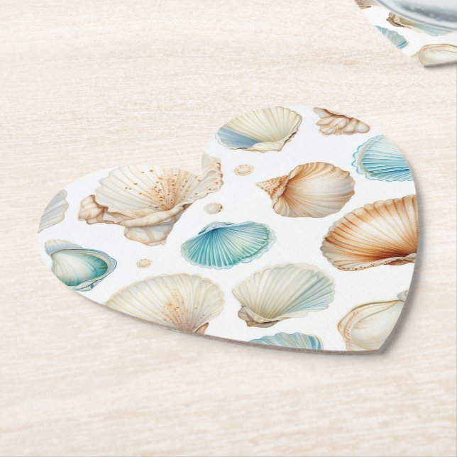 Aqua Cream Beach Shells Bridal Shower Paper Coaster (Angled)