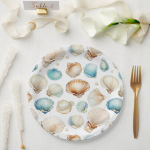 Aqua Cream Beach Shells Bridal Shower Paper Plates