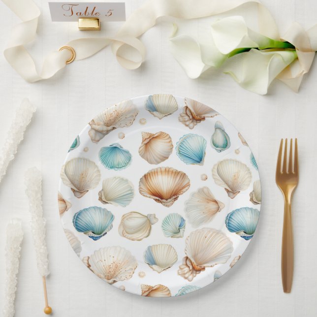 Aqua Cream Beach Shells Bridal Shower Paper Plates (Wedding)