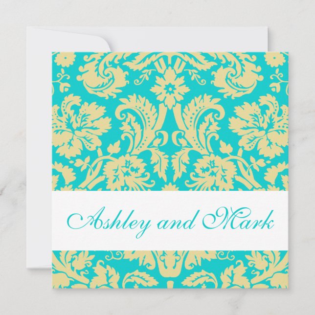 Aqua Cream Damask Wedding Invitations (Front)