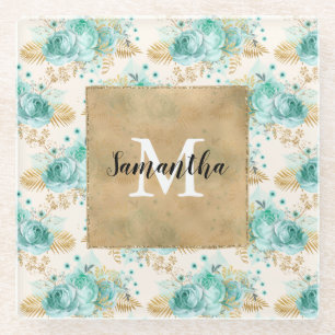 Aqua Cream Gold Floral Black Monogram Glass Coaster