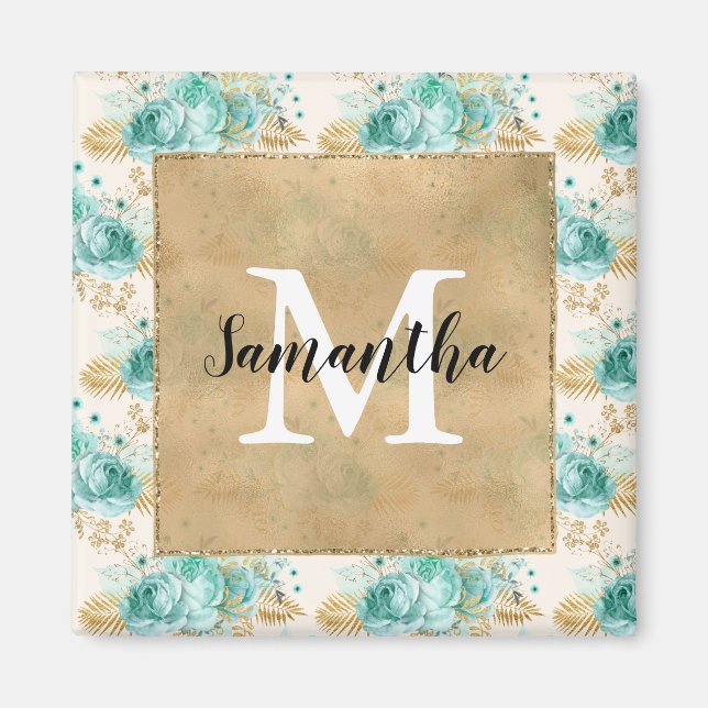 Aqua Cream Gold Floral Black Monogram     Magnet (Front)