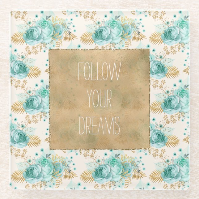 Aqua Cream Gold Floral         Glass Coaster (Front)