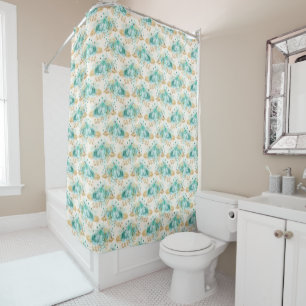 Aqua Cream Gold Floral Shower Curtain