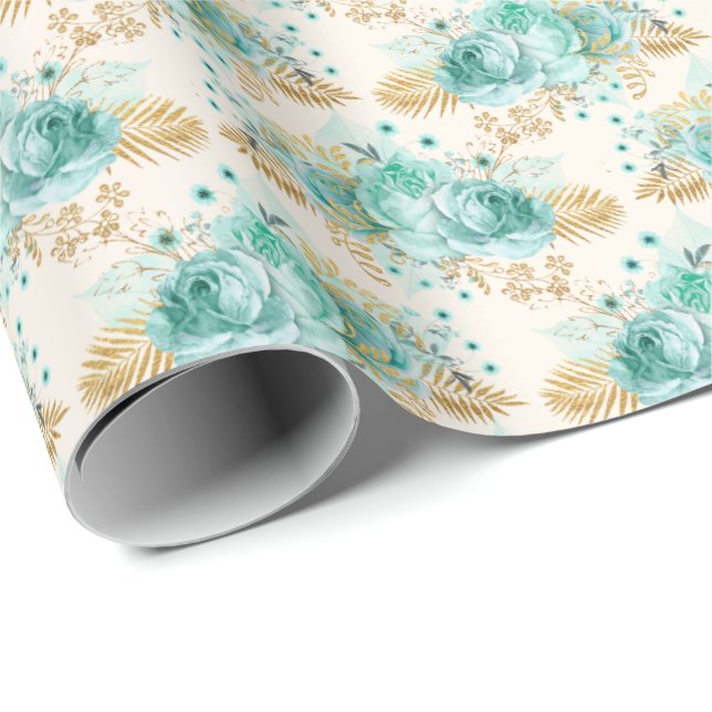 Aqua Cream Gold Floral     Wrapping Paper (Roll Corner)