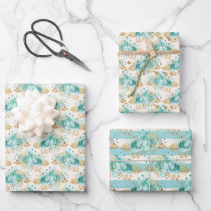 Aqua Cream Gold Floral        Wrapping Paper Sheets