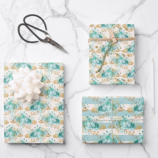 Aqua Cream Gold Floral        Wrapping Paper Sheets (Front)