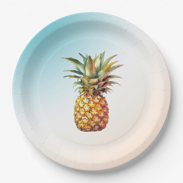Aqua Cream Happy Tropical Pineapple Paper Plates (Front)