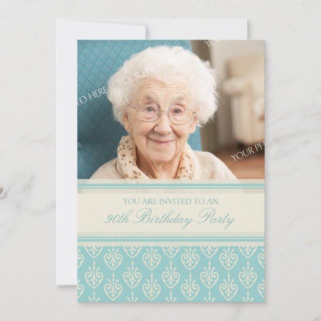 Aqua Cream Photo 90th Birthday Party Invitations (Front)