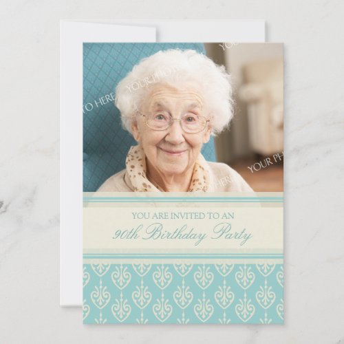 Aqua Cream Photo 90th Birthday Party Invitations