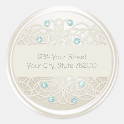 Aqua Crystal and Pearl Damask Return Address Classic Round Sticker