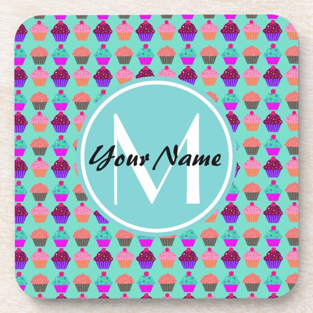 Aqua Cupcake Personalized Monogram Beverage Coaster (Front)