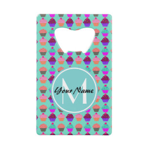 Aqua Cupcake Personalized Monogram Credit Card Bottle Opener