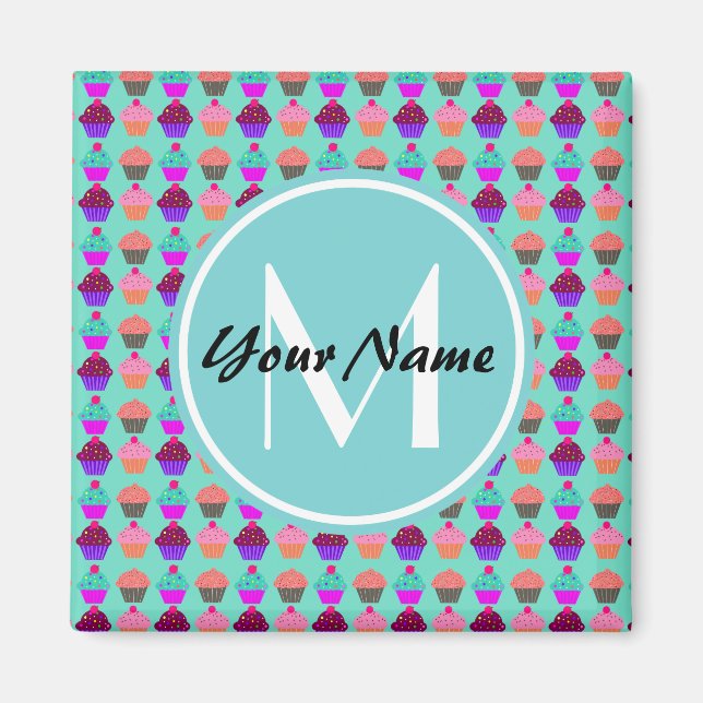 Aqua Cupcake Personalized Monogram Magnet (Front)