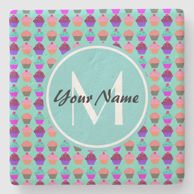 Aqua Cupcake Personalized Monogram Stone Coaster (Front)