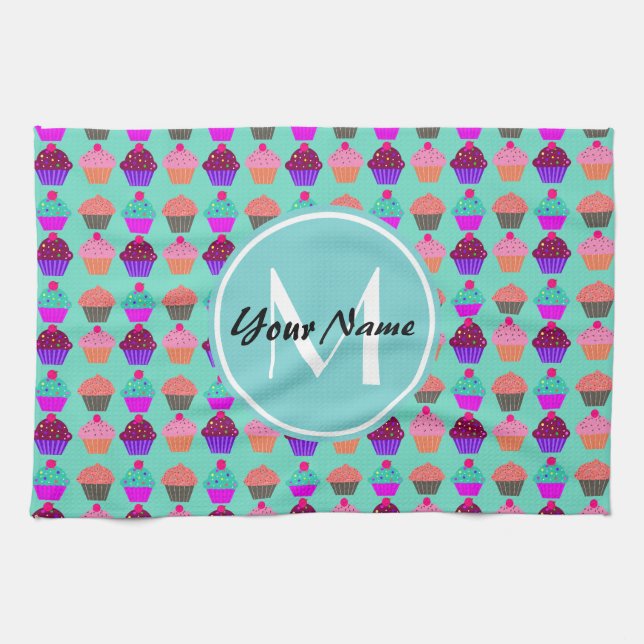 Aqua Cupcake Personalized Monogram Towel (Horizontal)