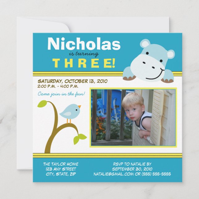 Aqua Custom Hippo & Birdie Birthday Party Invite (Front)