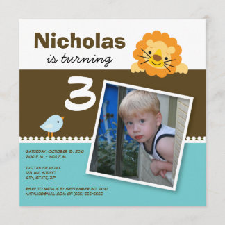 Aqua Custom Lion & Birdie Birthday Party Invite