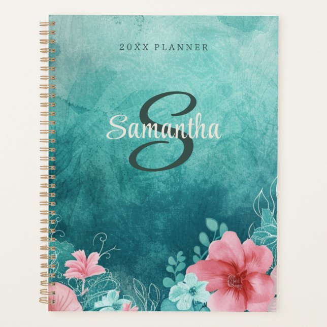 Aqua Custom Monogram Name 2026 Weekly Planner (Front)