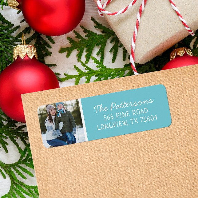 Aqua Custom Photo Holiday Return Address Label (Creator Uploaded)