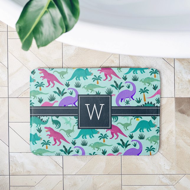 Aqua | Cute Colorful Dinosaur Pattern Kid Monogram Bath Mat (Creator Uploaded)