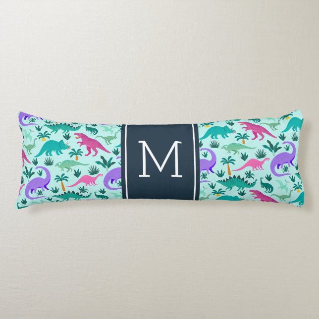 Aqua | Cute Colorful Dinosaur Pattern Kid Monogram Body Pillow (Front)