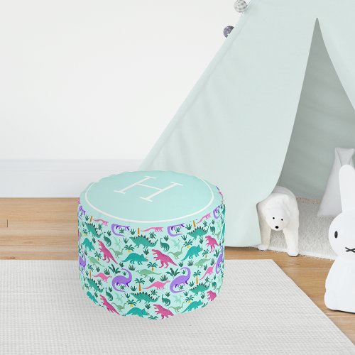 Aqua  Cute Colorful Dinosaur Pattern Kid Monogram Pouf