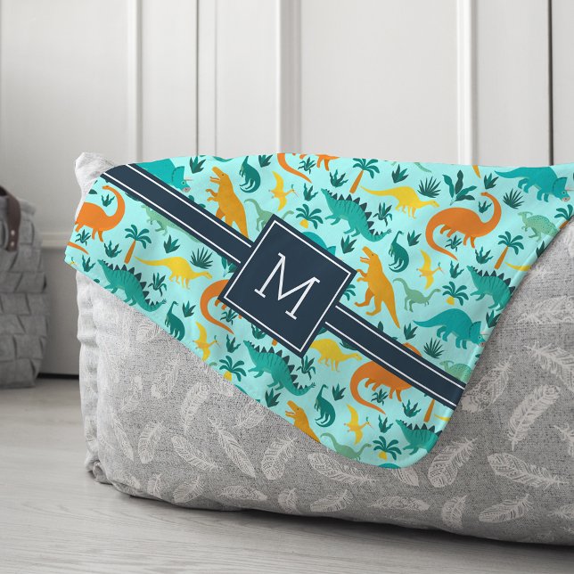Aqua | Cute Colorful Dinosaur Pattern Kid Monogram Sherpa Blanket (Creator Uploaded)