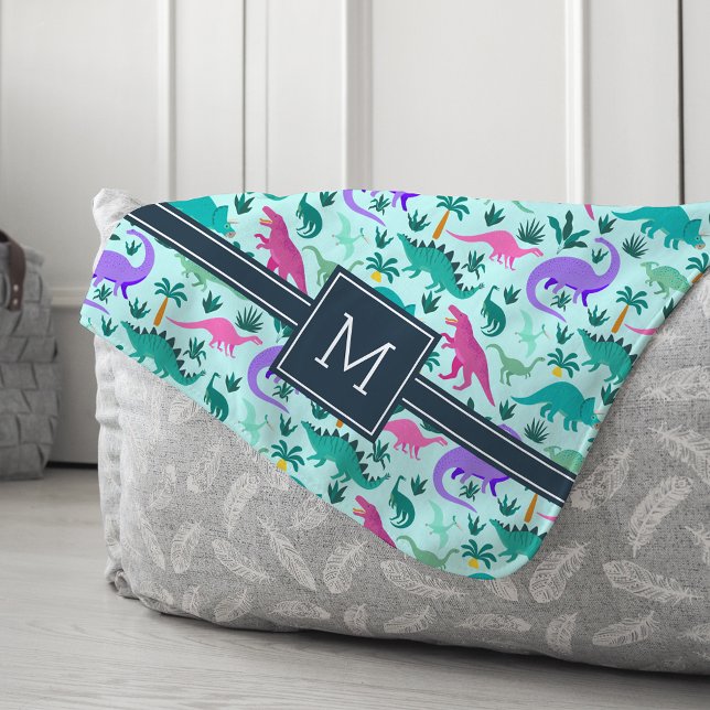 Aqua | Cute Colorful Dinosaur Pattern Kid Monogram Sherpa Blanket (Creator Uploaded)