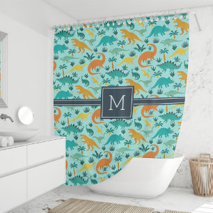 Aqua   Cute Colorful Dinosaur Pattern Kid Monogram Shower Curtain