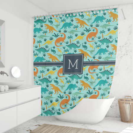 Aqua | Cute Colorful Dinosaur Pattern Kid Monogram Shower Curtain