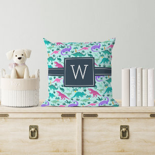 Aqua Cute Colorful Dinosaur Pattern Kid Monogram Throw Pillow