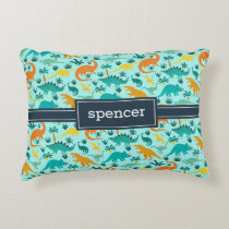 Aqua | Cute Colorful Dinosaur Pattern Kids Name Accent Pillow