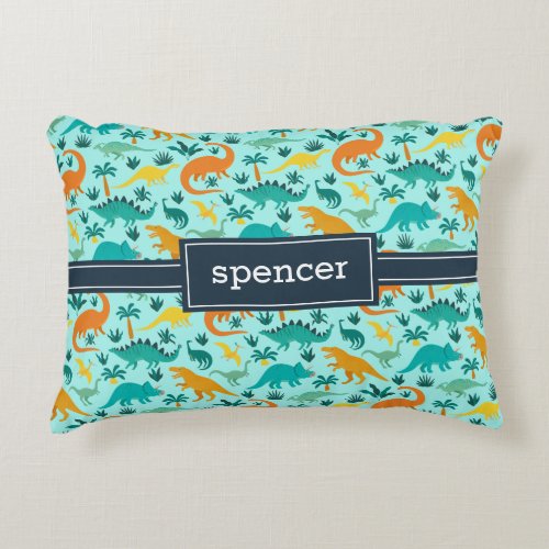 Aqua  Cute Colorful Dinosaur Pattern Kids Name Accent Pillow