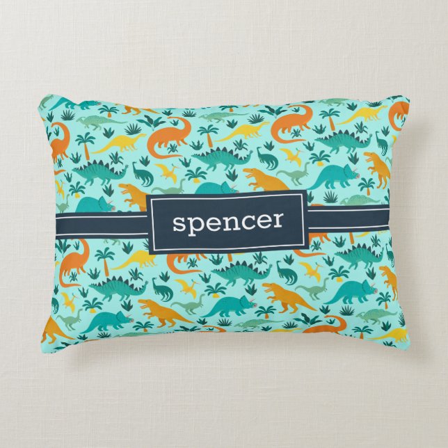 Aqua | Cute Colorful Dinosaur Pattern Kids Name Accent Pillow (Front)