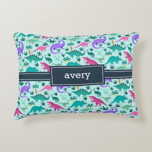 Aqua  Cute Colorful Dinosaur Pattern Kids Name Accent Pillow