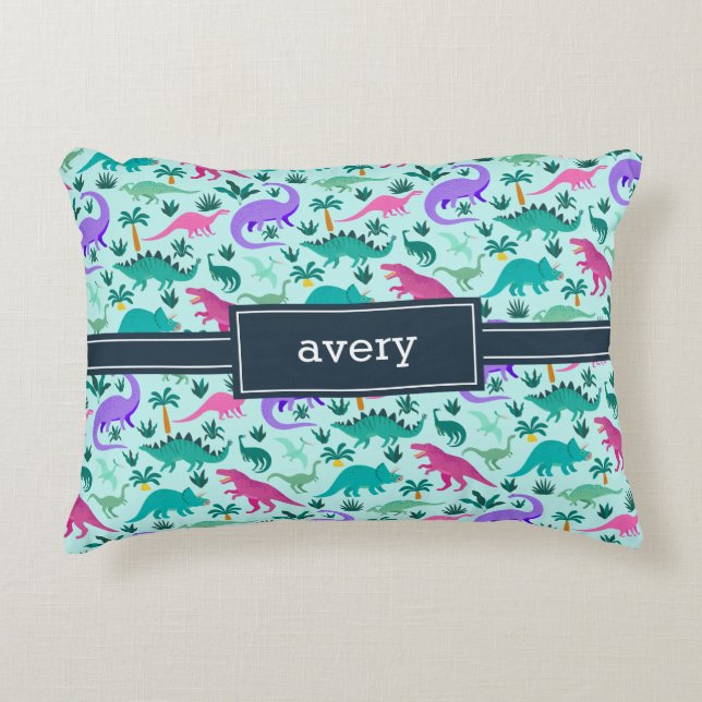 Aqua | Cute Colorful Dinosaur Pattern Kids Name Accent Pillow (Front)