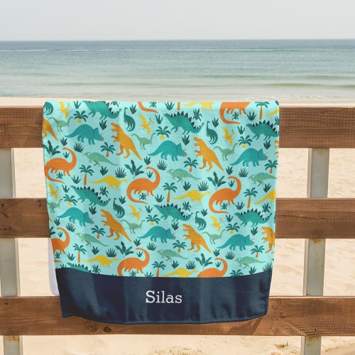 Aqua  Cute Colorful Dinosaur Pattern Kids Name Beach Towel