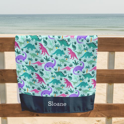 Aqua  Cute Colorful Dinosaur Pattern Kids Name Beach Towel