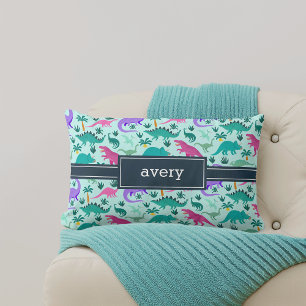 Aqua Cute Colorful Dinosaur Pattern Kids Name Lumbar Pillow