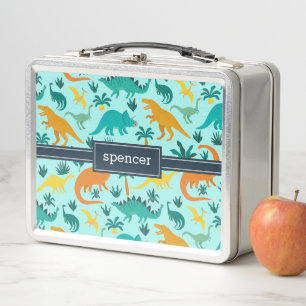 Aqua   Cute Colorful Dinosaur Pattern Kids Name Metal Lunch Box